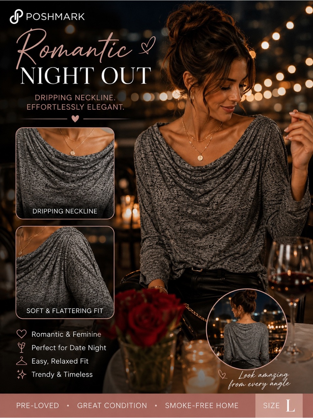 WHBM Gray Cowl Neck Top | Draped Neckline | Long Sleeve | Size L | Date Night Ch